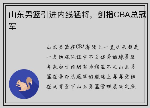 山东男篮引进内线猛将，剑指CBA总冠军
